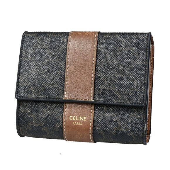 CELINE Logo Macadam Pattern Bifold Wallet PVC Leather Brown Italy 68FB093 - Picture 1 of 13